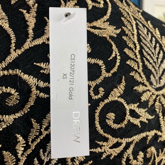 🆕 NWT DREW Women’s Black/Gold Embroidered Mesh Top Tulle Blouse A-Line XS - Picture 10 of 11
